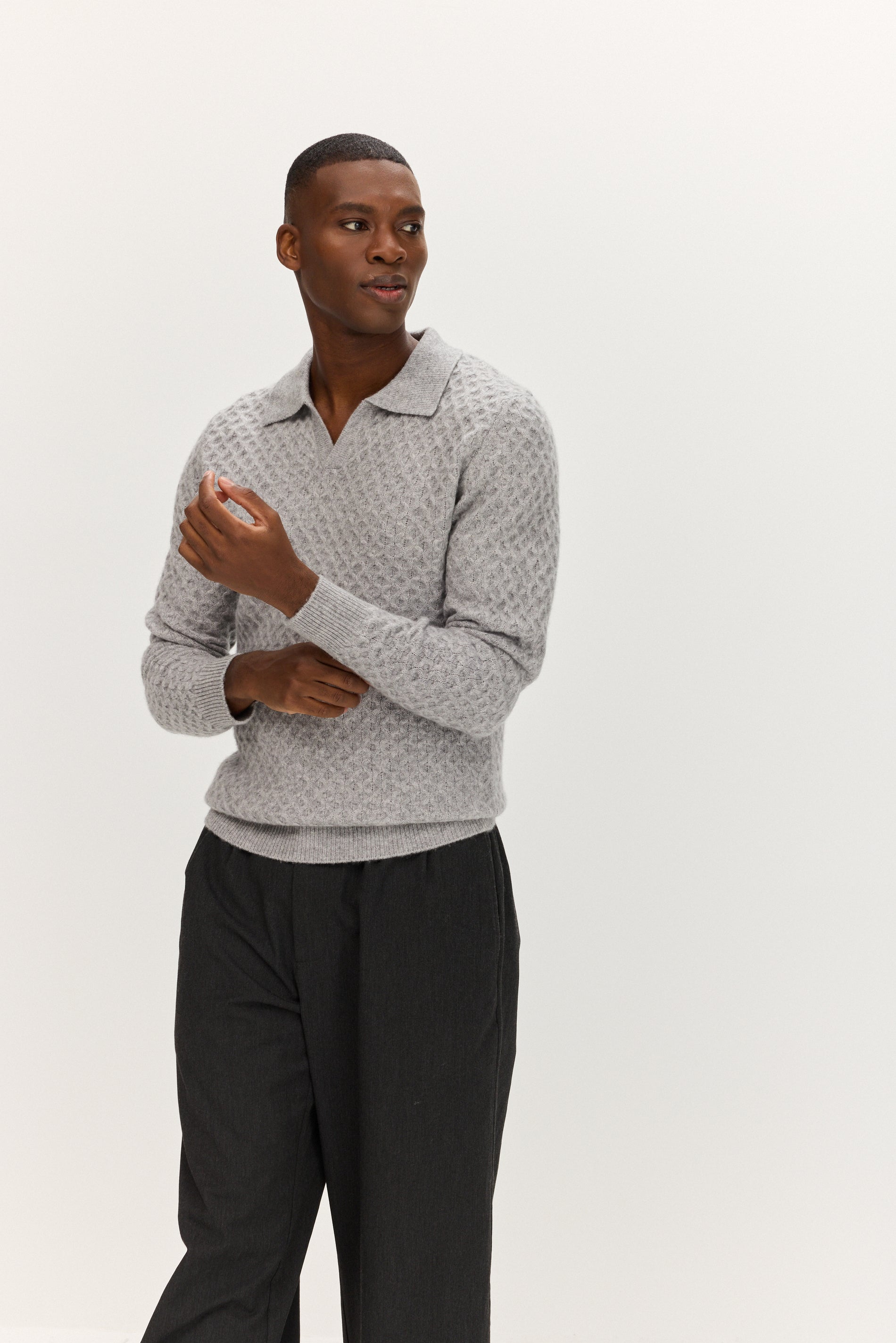 Davida Man Open Collar Diamond Knit Sweaters Light Grey