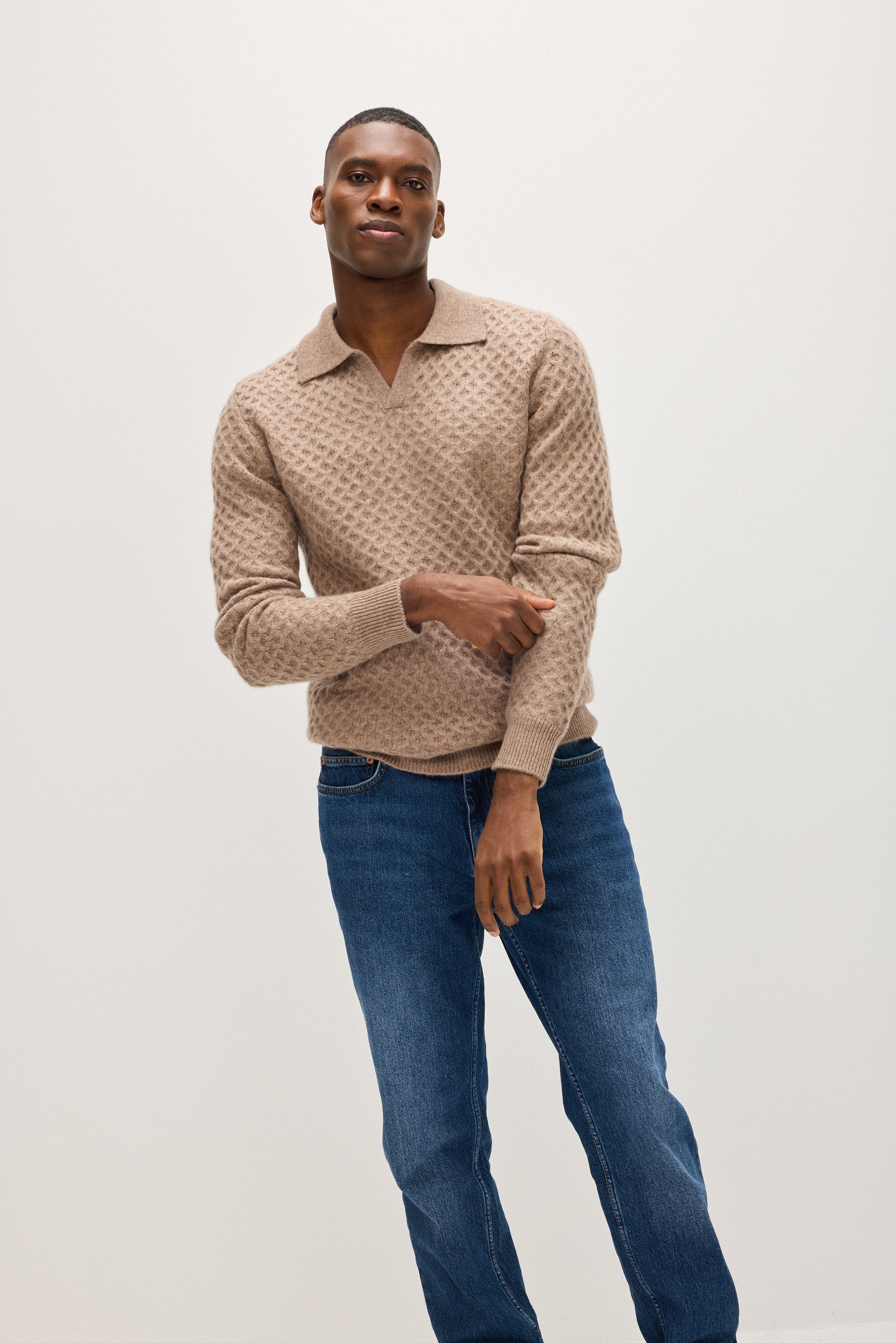Davida Man Open Collar Diamond Knit Sweaters Mink