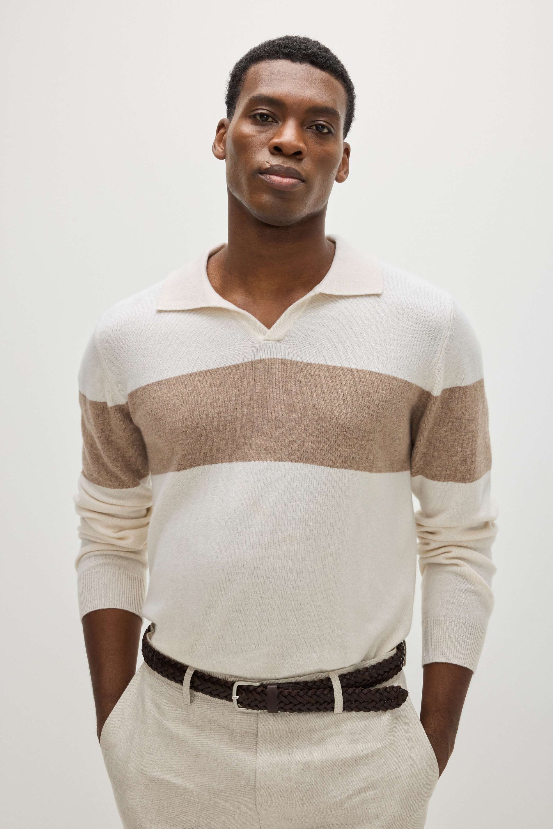 Davida Man Open Collar One Stripe Sweaters White/Mink