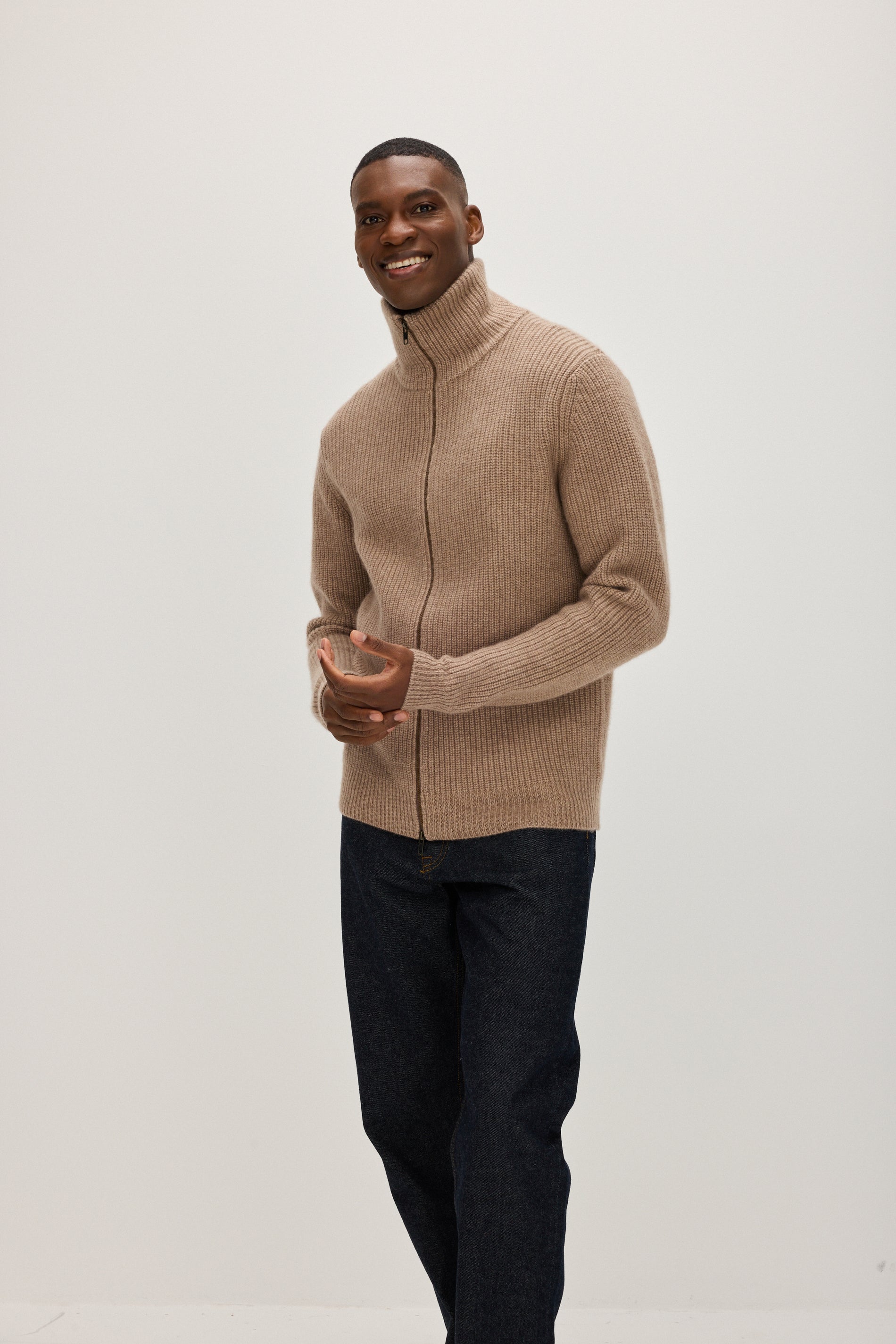 Davida Man Rib Full Zip Sweaters Mink