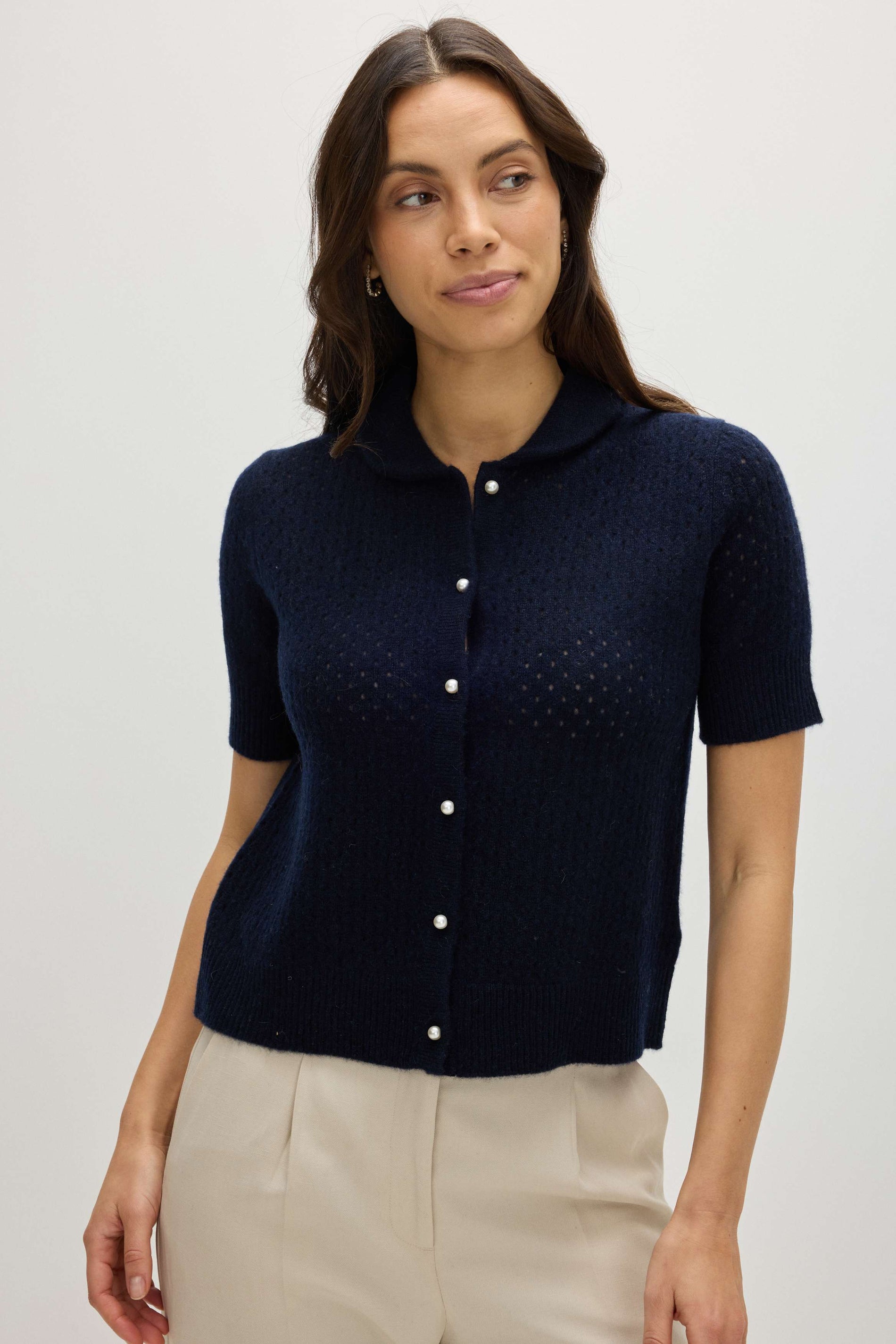 Davida Mesh Knitted Short Sleeve Cardigan Cardigans Navy