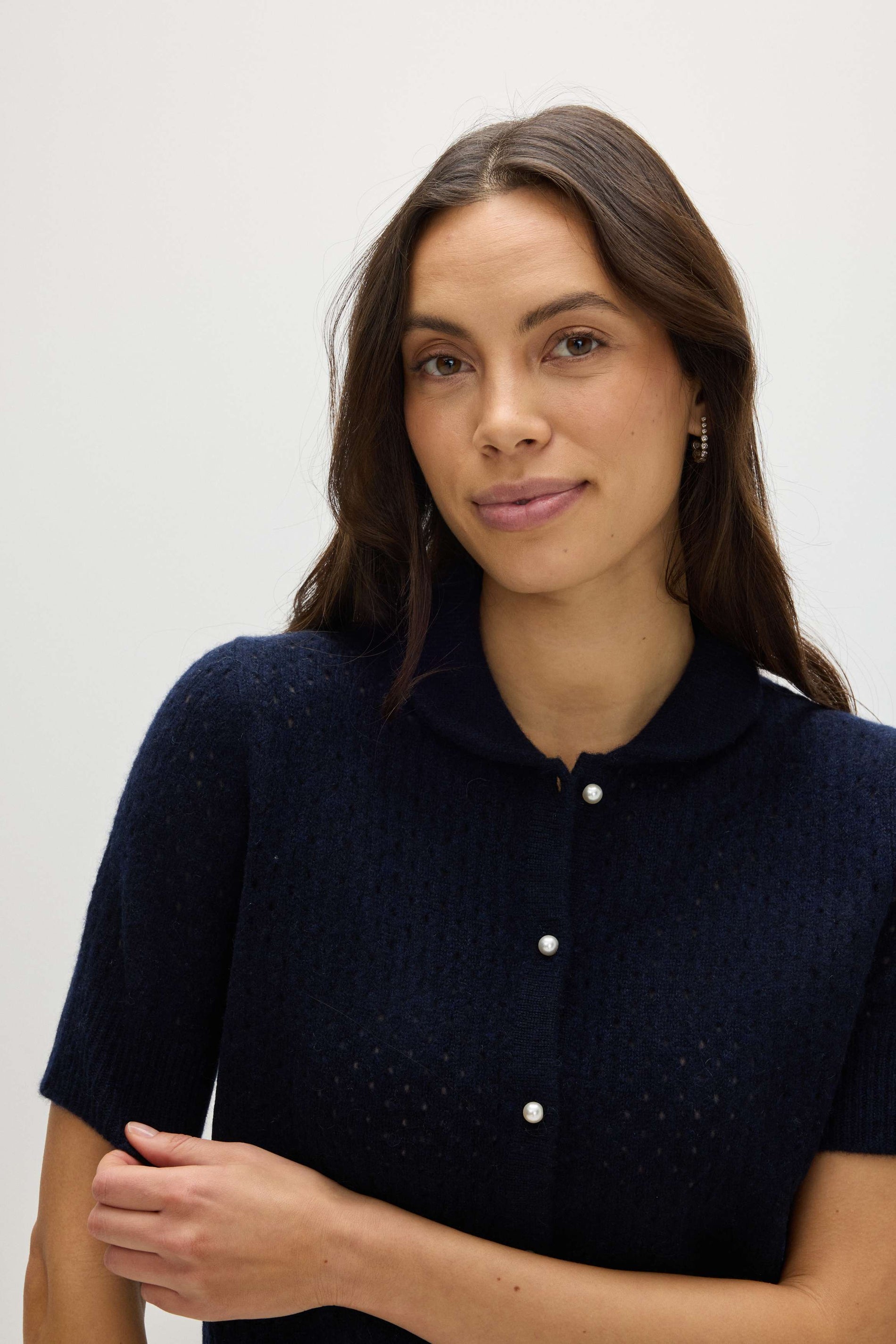 Davida Mesh Knitted Short Sleeve Cardigan Cardigans Navy