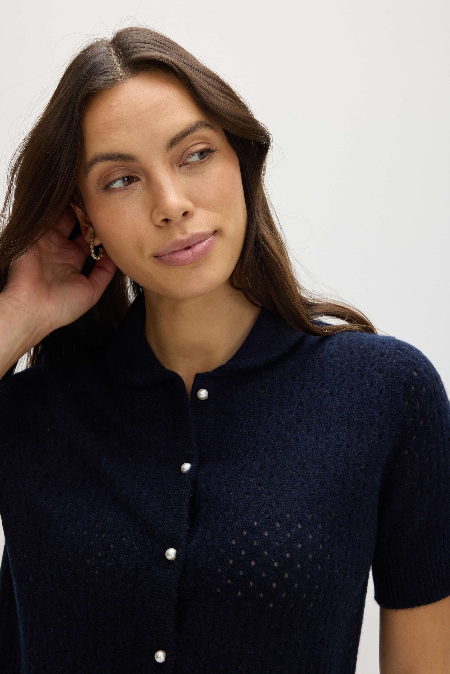 Davida Mesh Knitted Short Sleeve Cardigan Cardigans Navy