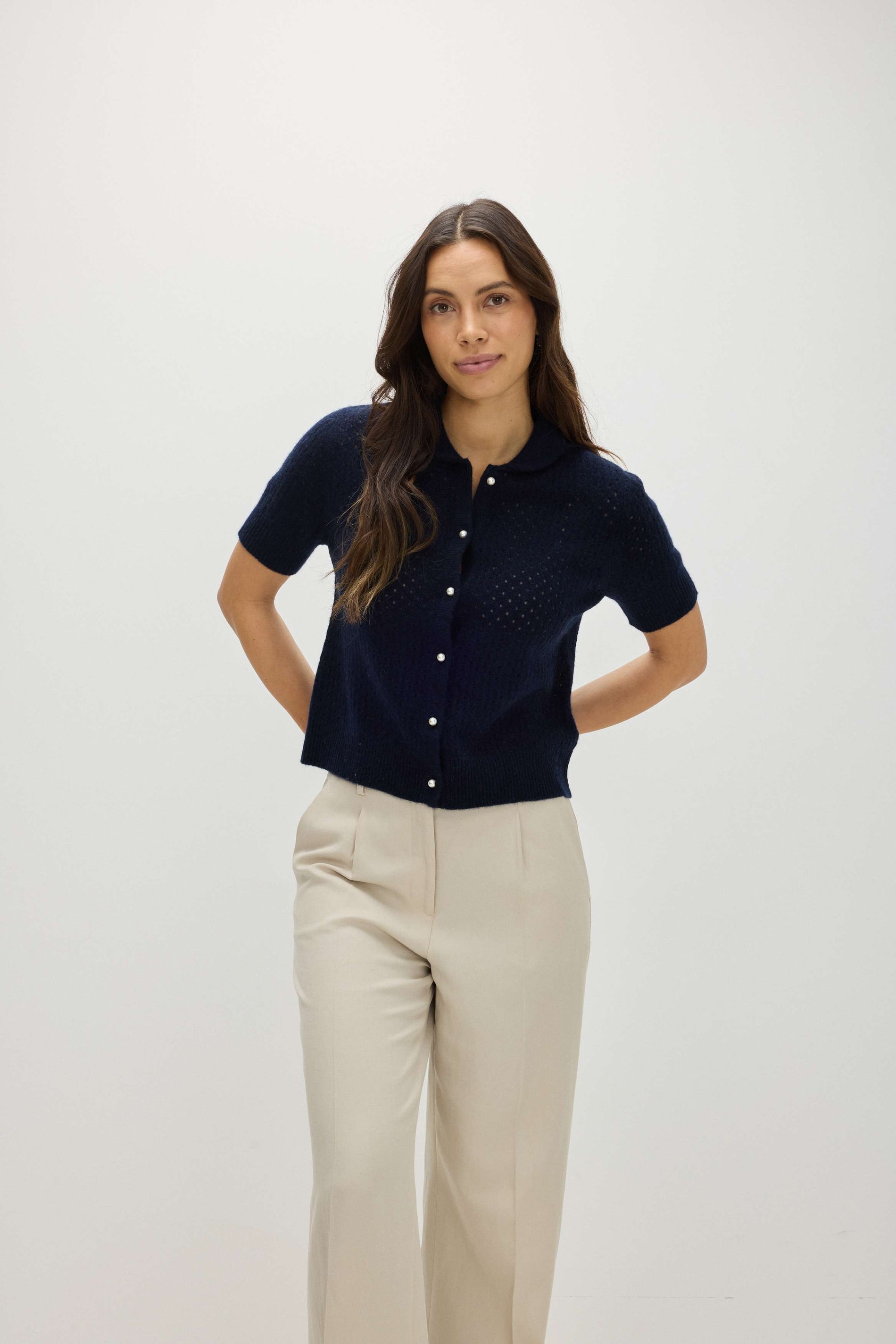 Davida Mesh Knitted Short Sleeve Cardigan Cardigans Navy