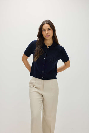 Mesh Knitted Short Sleeve Cardigan - Navy