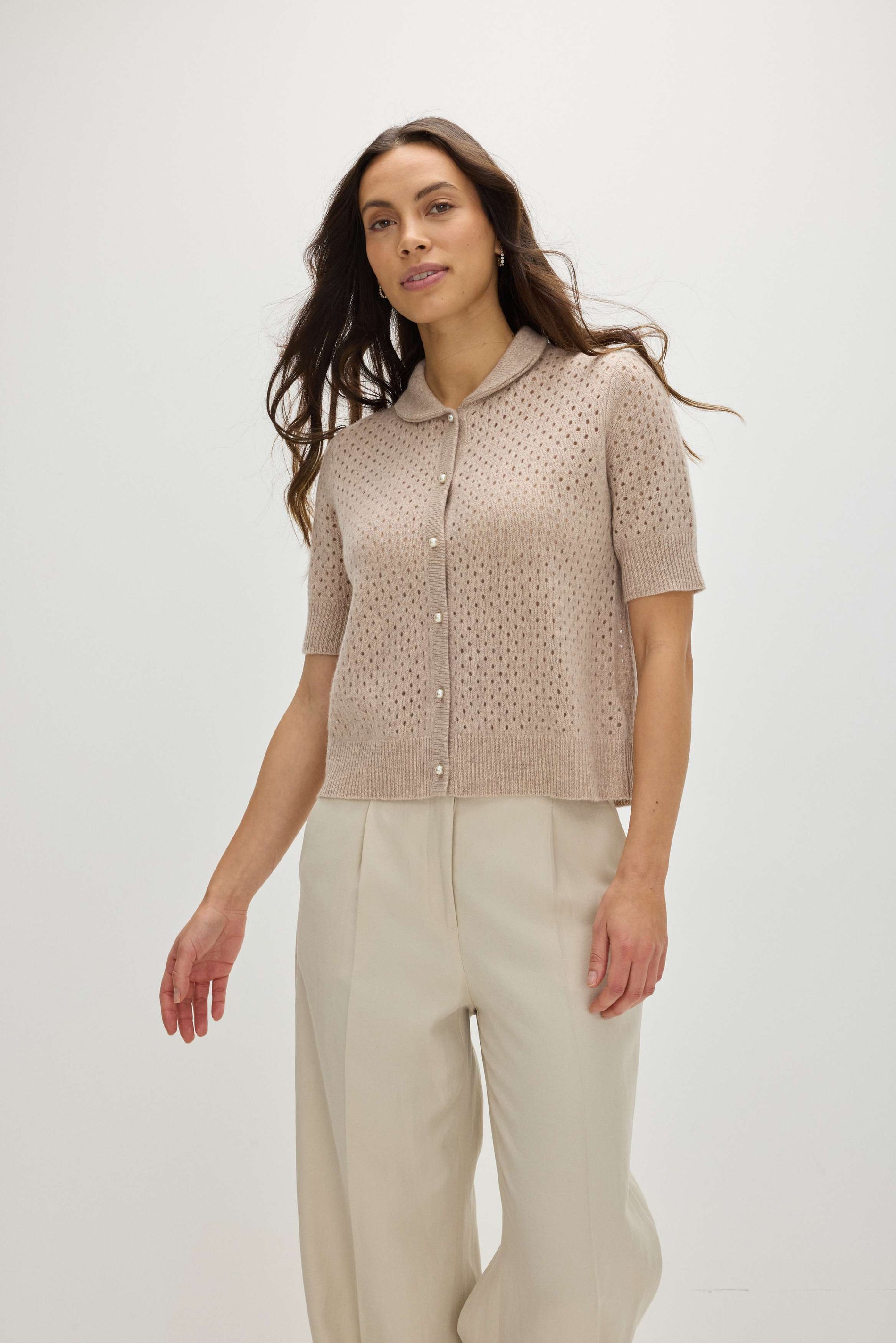 Davida Mesh Knitted Short Sleeve Cardigan Cardigans Sand