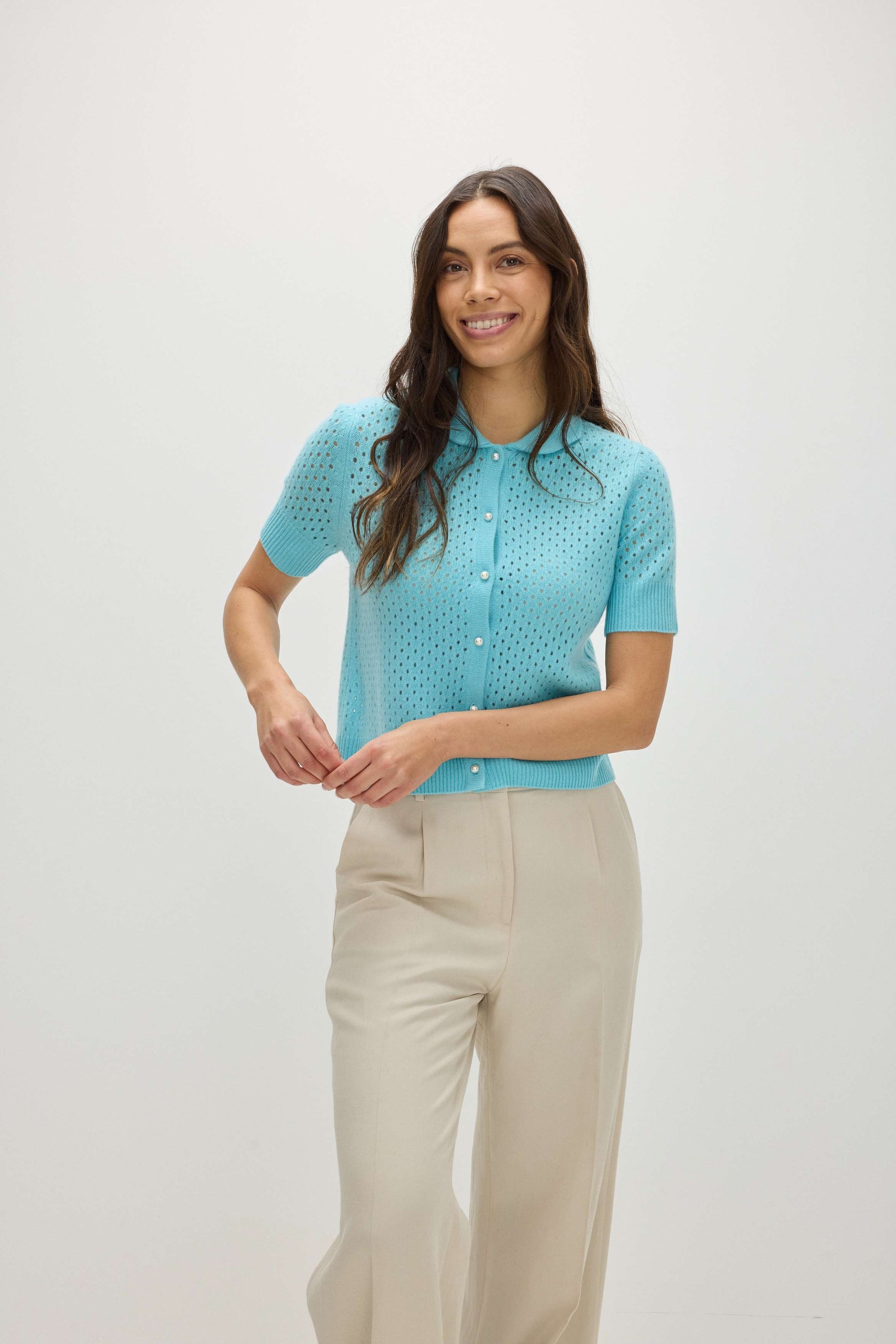 Davida Mesh Knitted Short Sleeve Cardigan Cardigans Turquoise