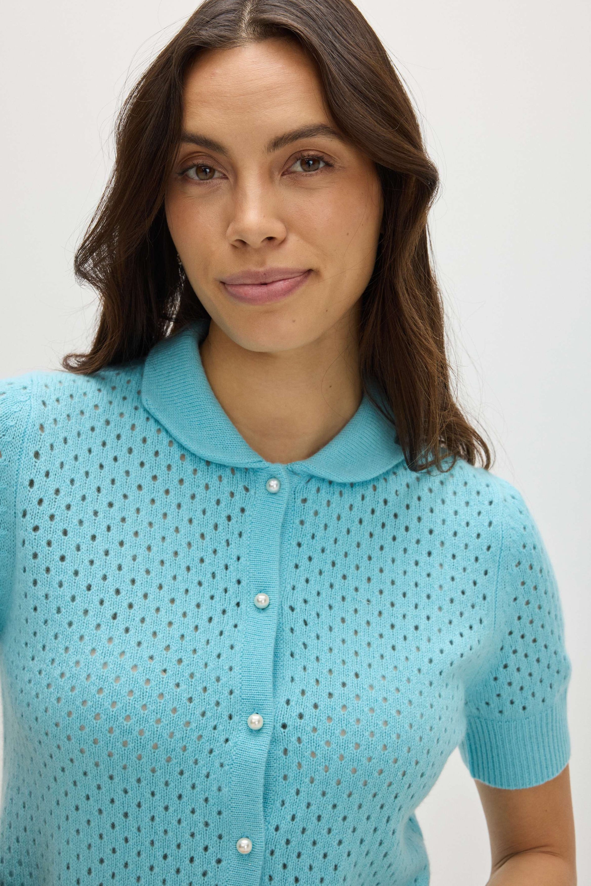 Davida Mesh Knitted Short Sleeve Cardigan Cardigans Turquoise