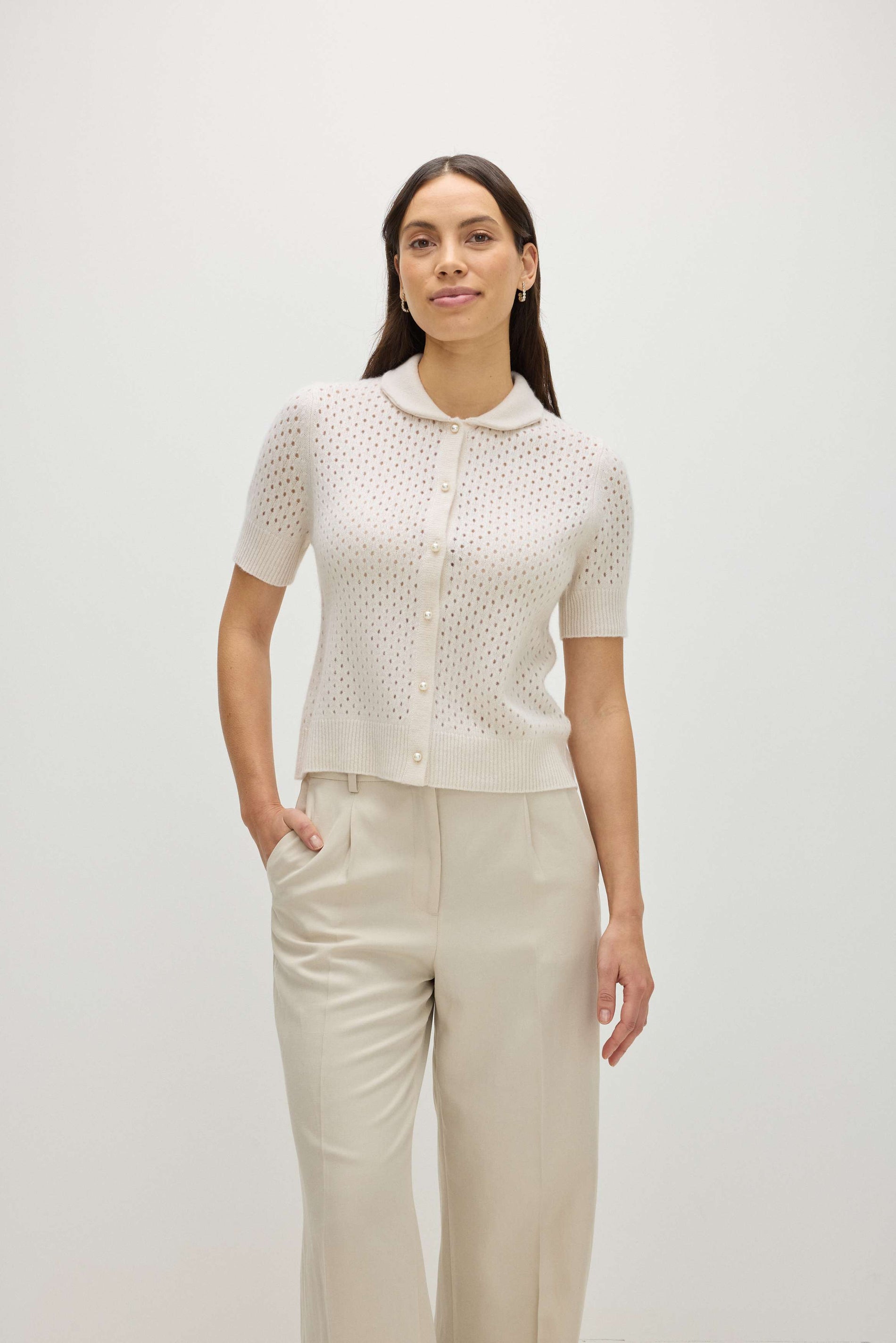 Davida Mesh Knitted Short Sleeve Cardigan Cardigans White