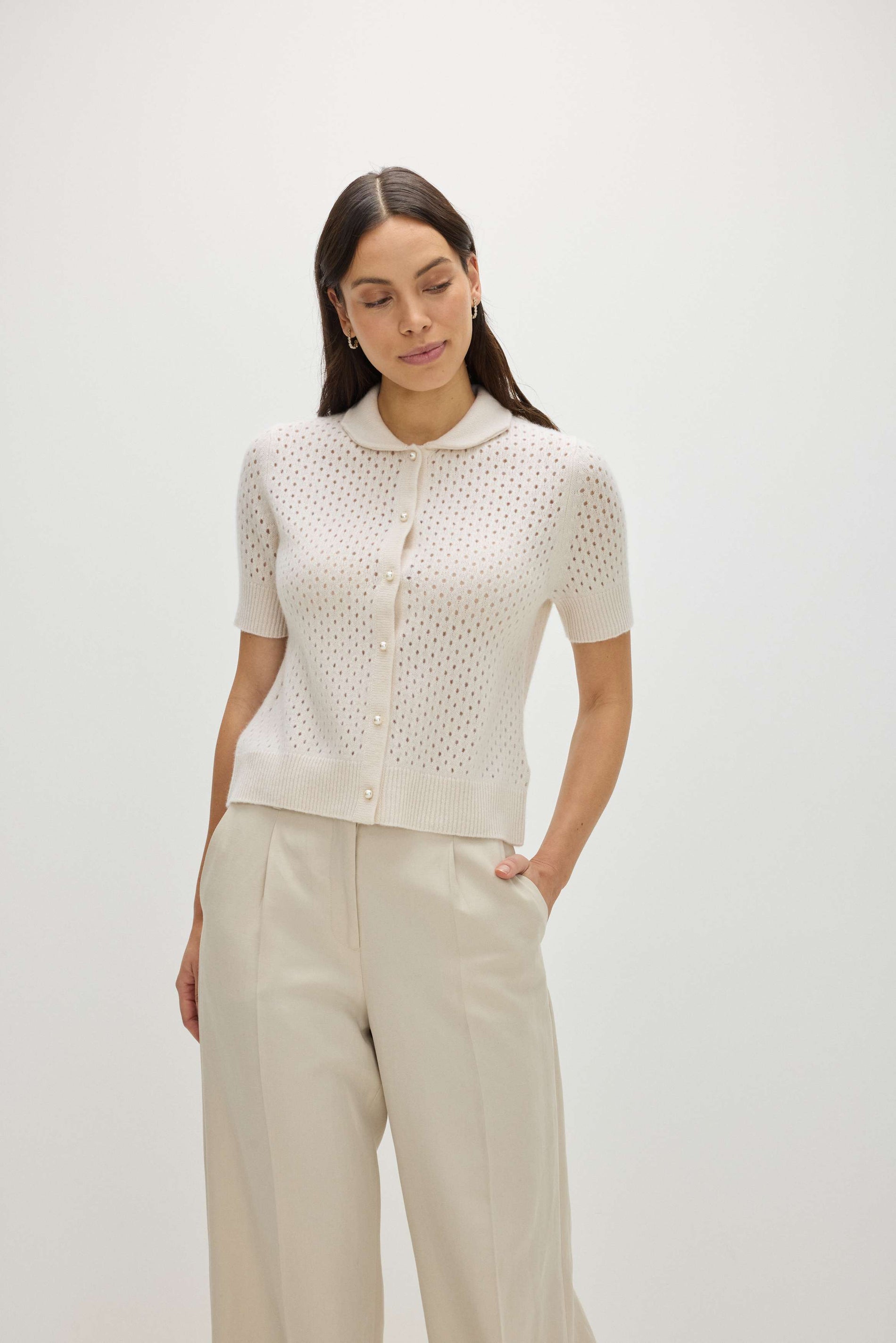 Davida Mesh Knitted Short Sleeve Cardigan Cardigans White