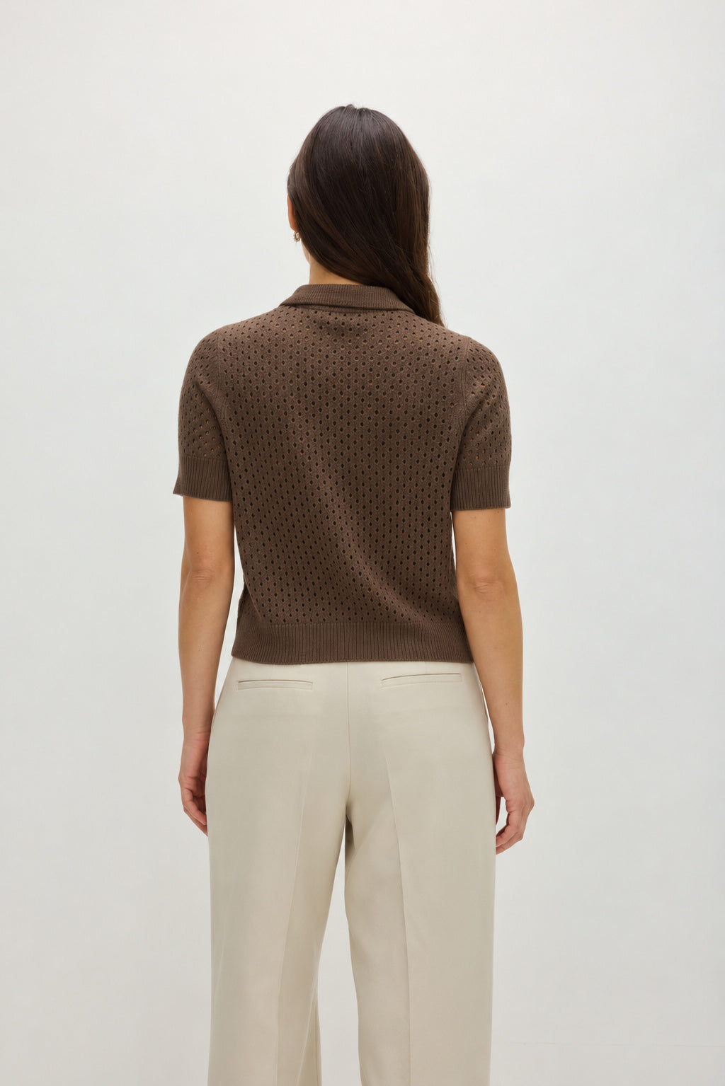 Davida Mesh Knitted Short Sleeve Open Collar Sweaters Cacao