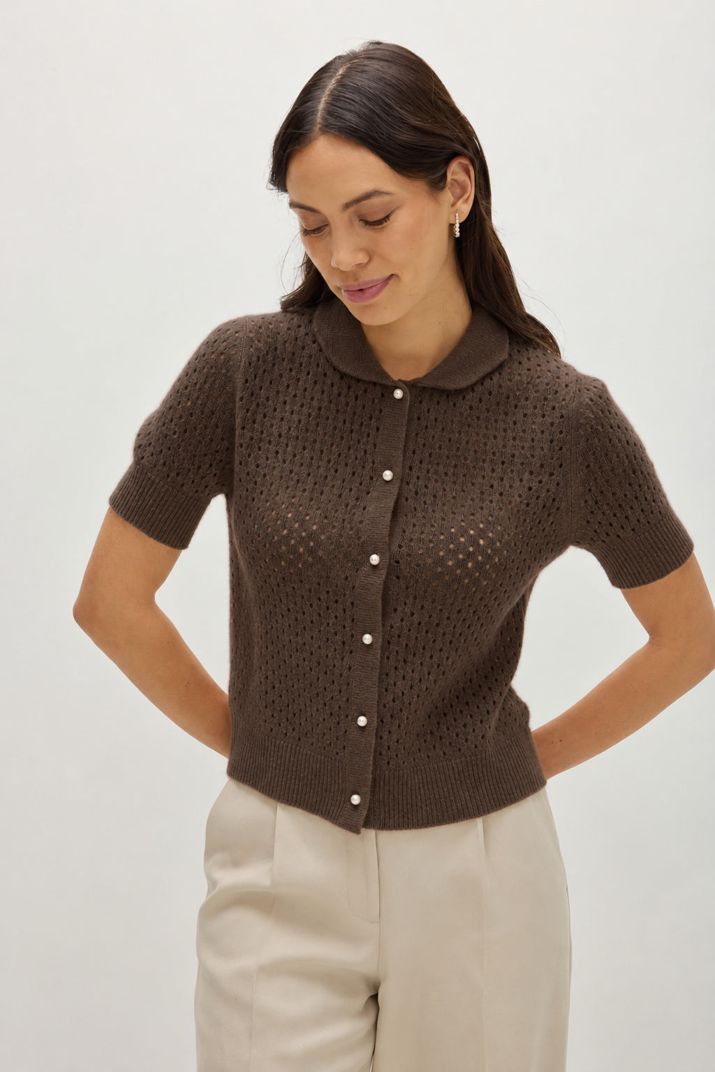 Davida Mesh Knitted Short Sleeve Open Collar Sweaters Cacao