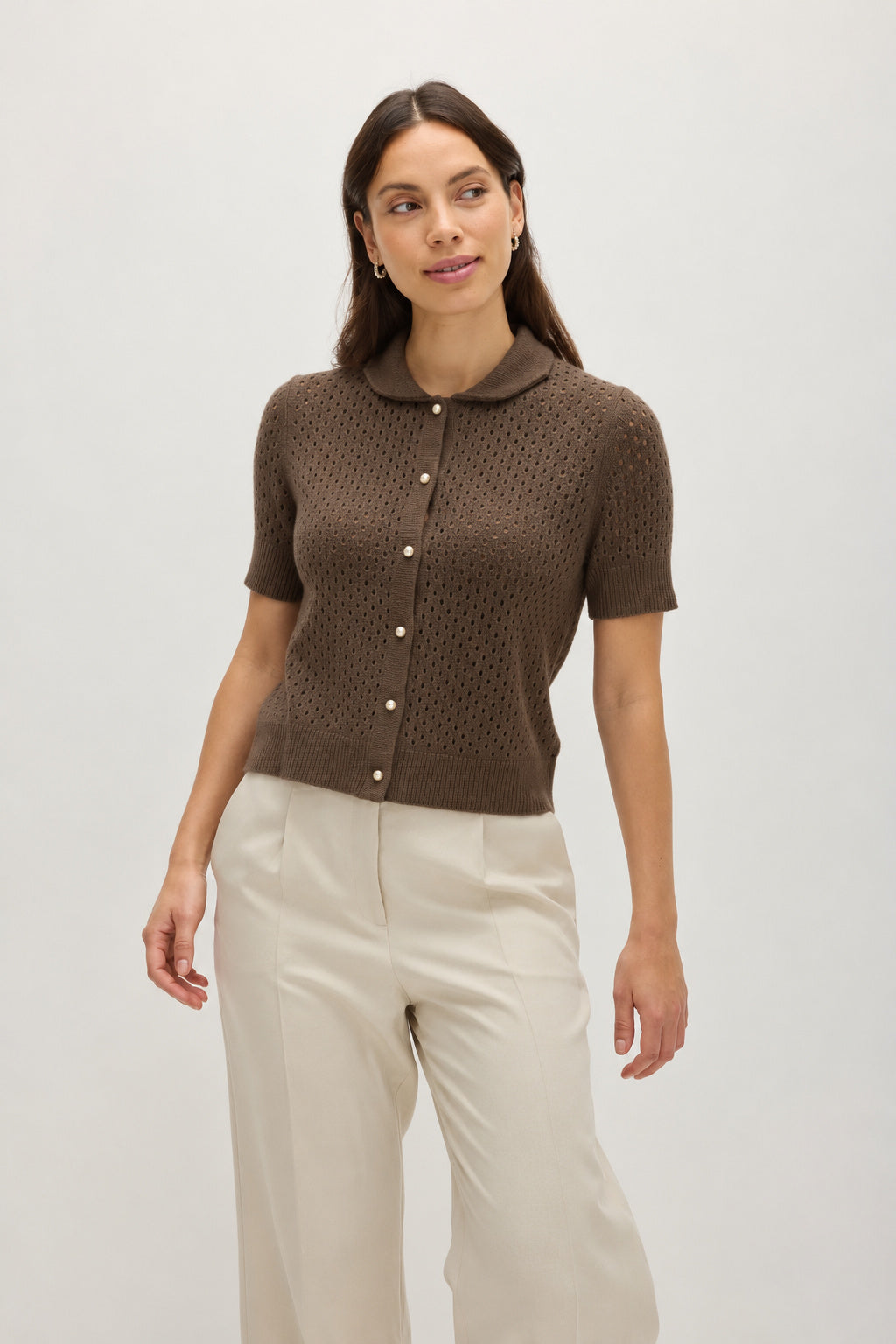 Davida Mesh Knitted Short Sleeve Open Collar Sweaters Cacao
