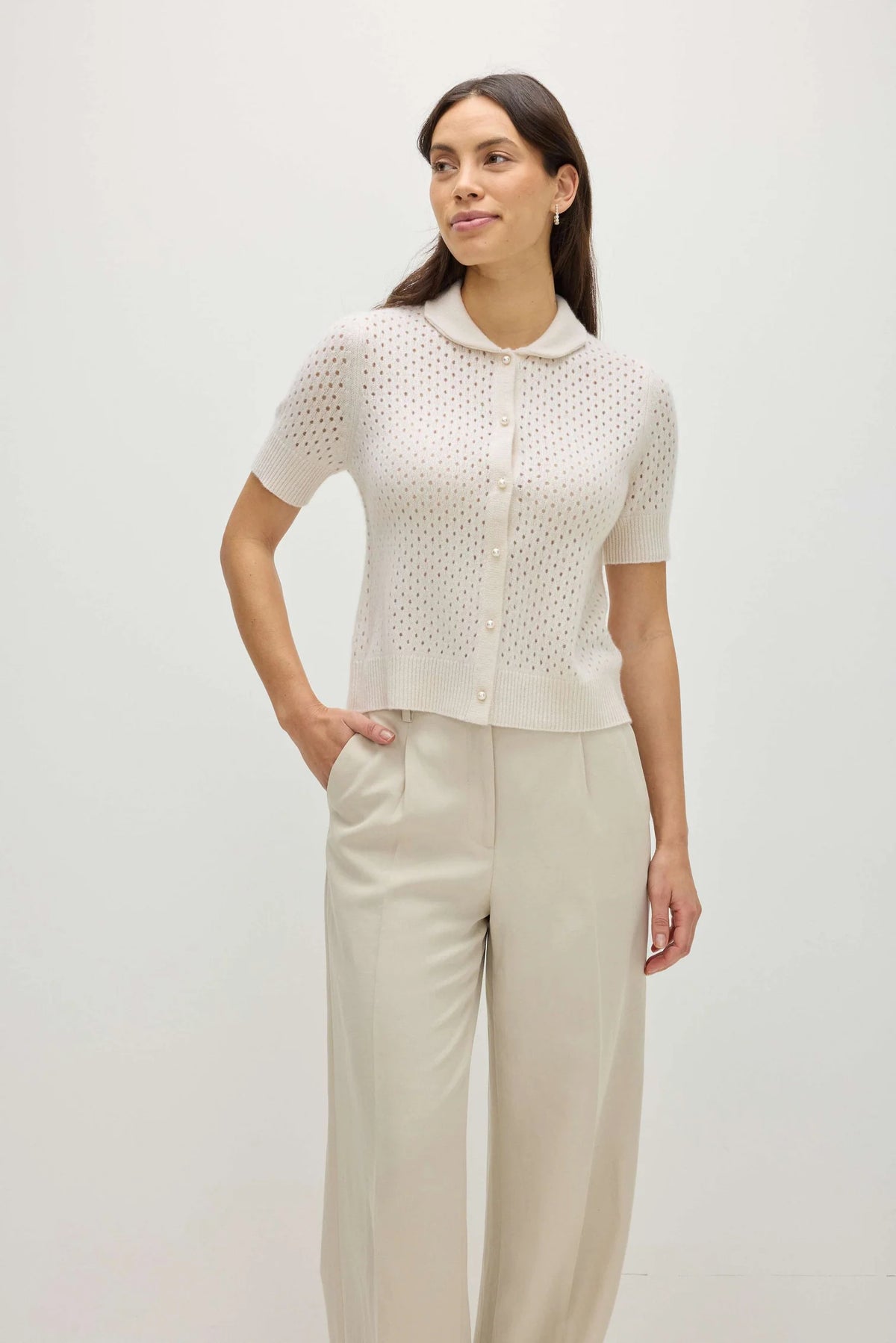 Davida Mesh Knitted Short Sleeve Open Collar Sweaters White