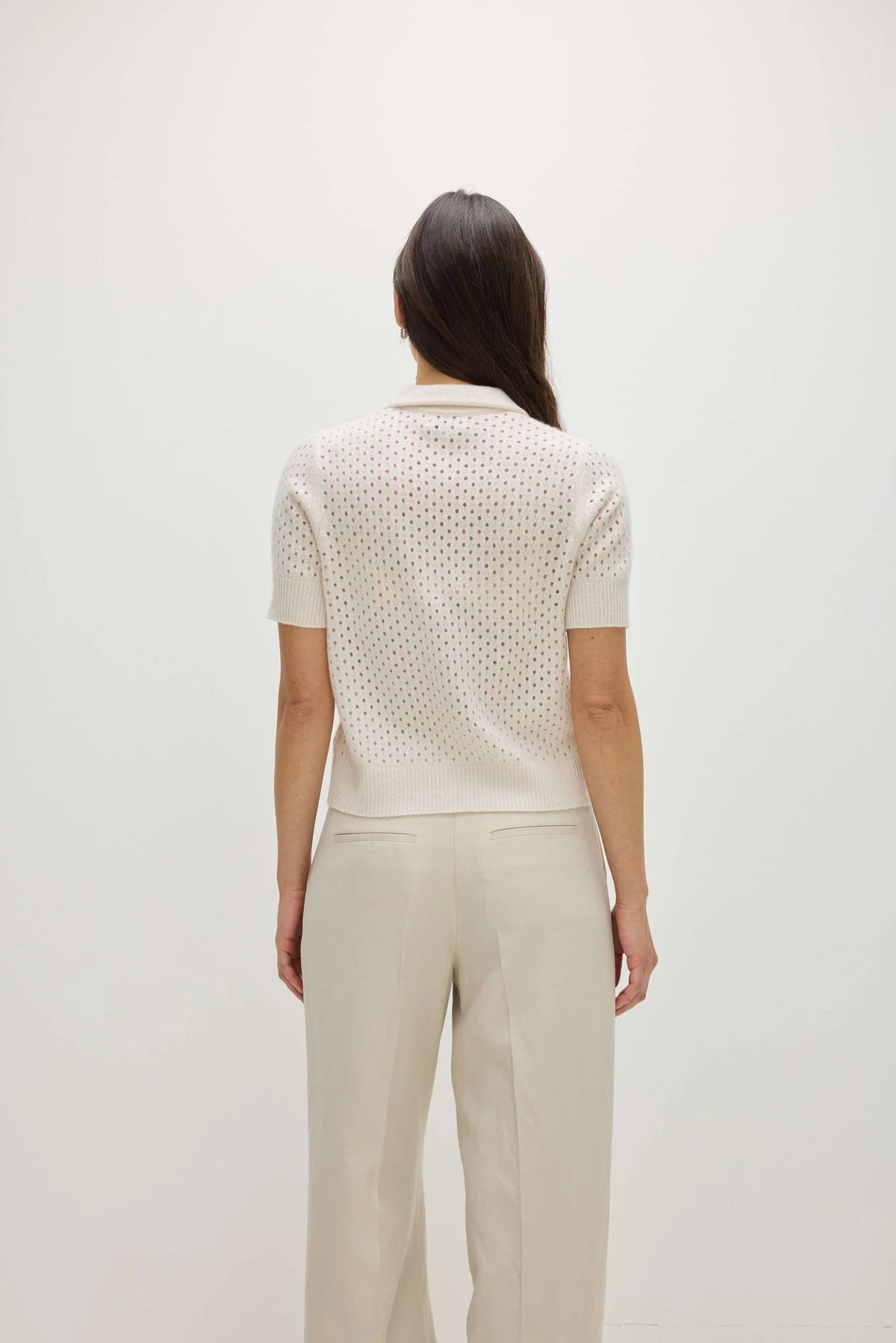 Davida Mesh Knitted Short Sleeve Open Collar Sweaters White