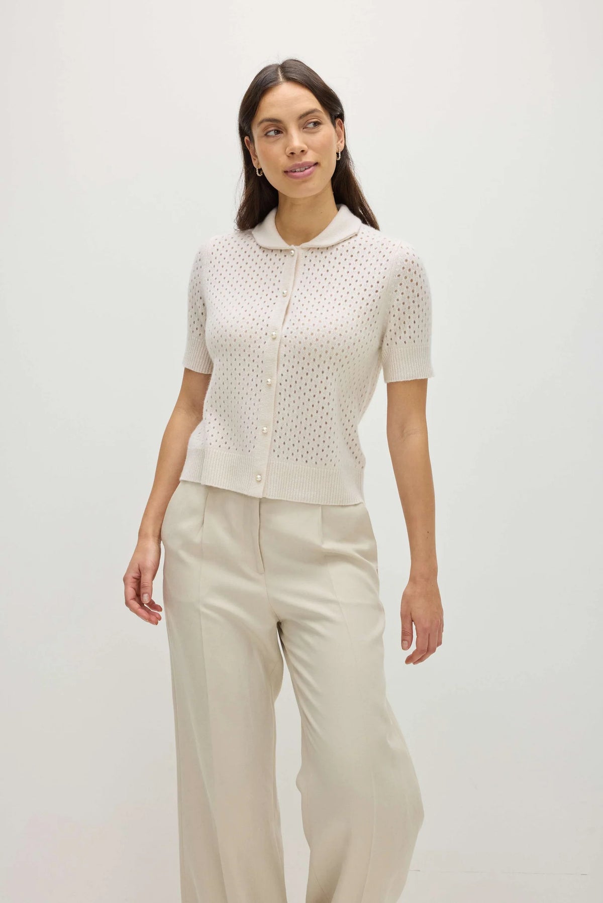 Davida Mesh Knitted Short Sleeve Open Collar Sweaters White