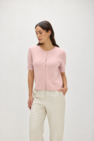 Short Sleeve Boxy Cardigan - Pink