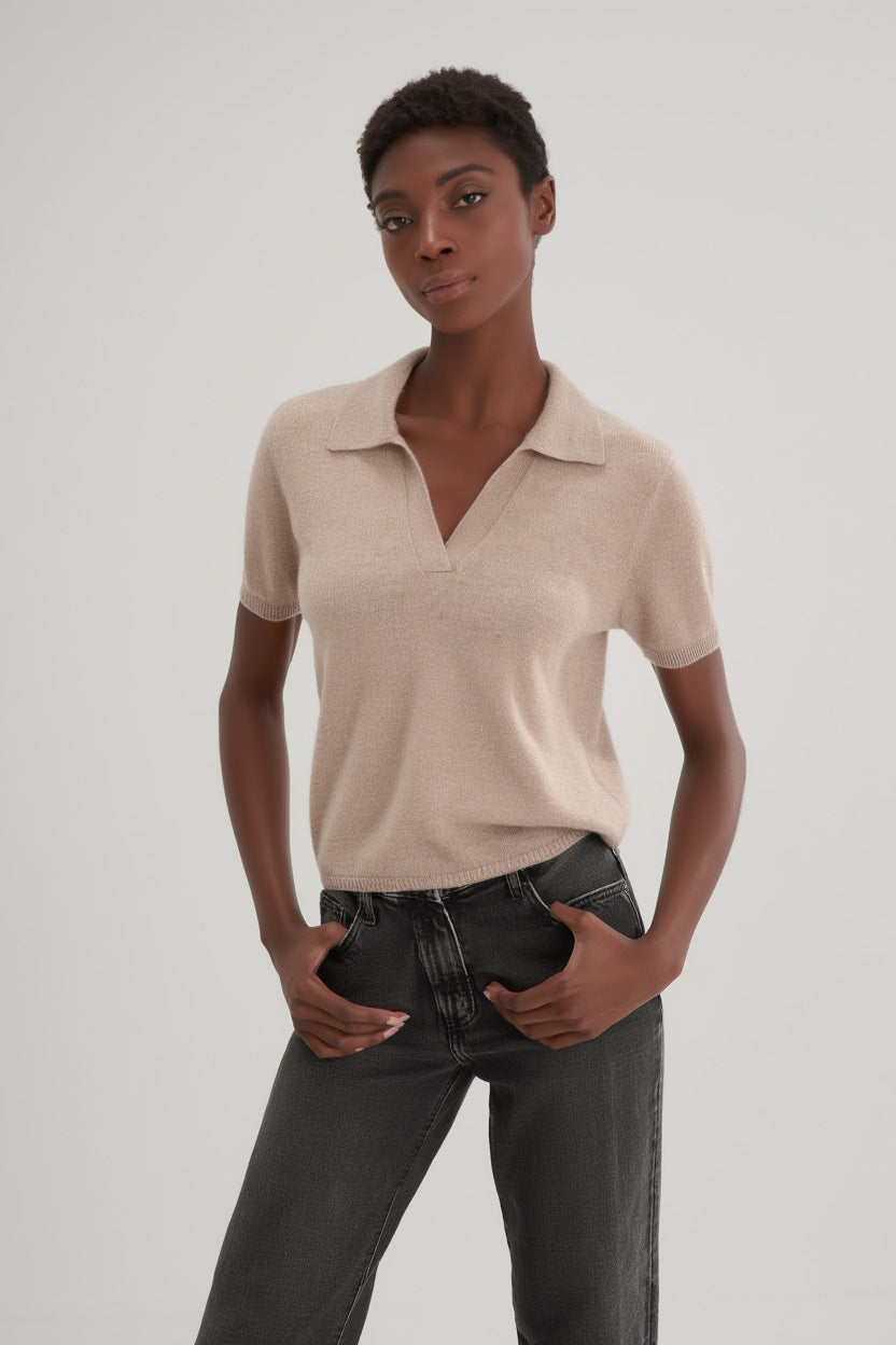 Davida Short Sleeve Open Collar Loose Tension Sweaters Sand