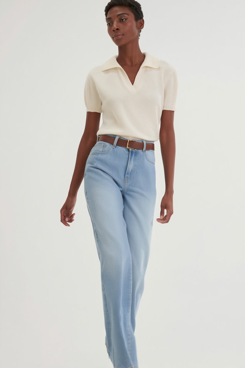 Davida Short Sleeve Open Collar Loose Tension Sweaters White