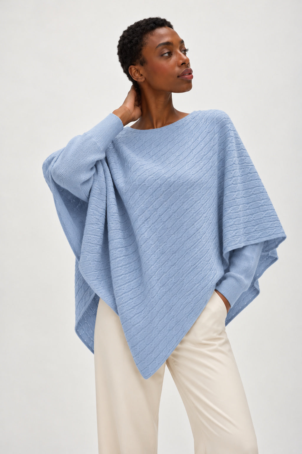 Davida Triangle Cable Poncho Poncho Blue Fog