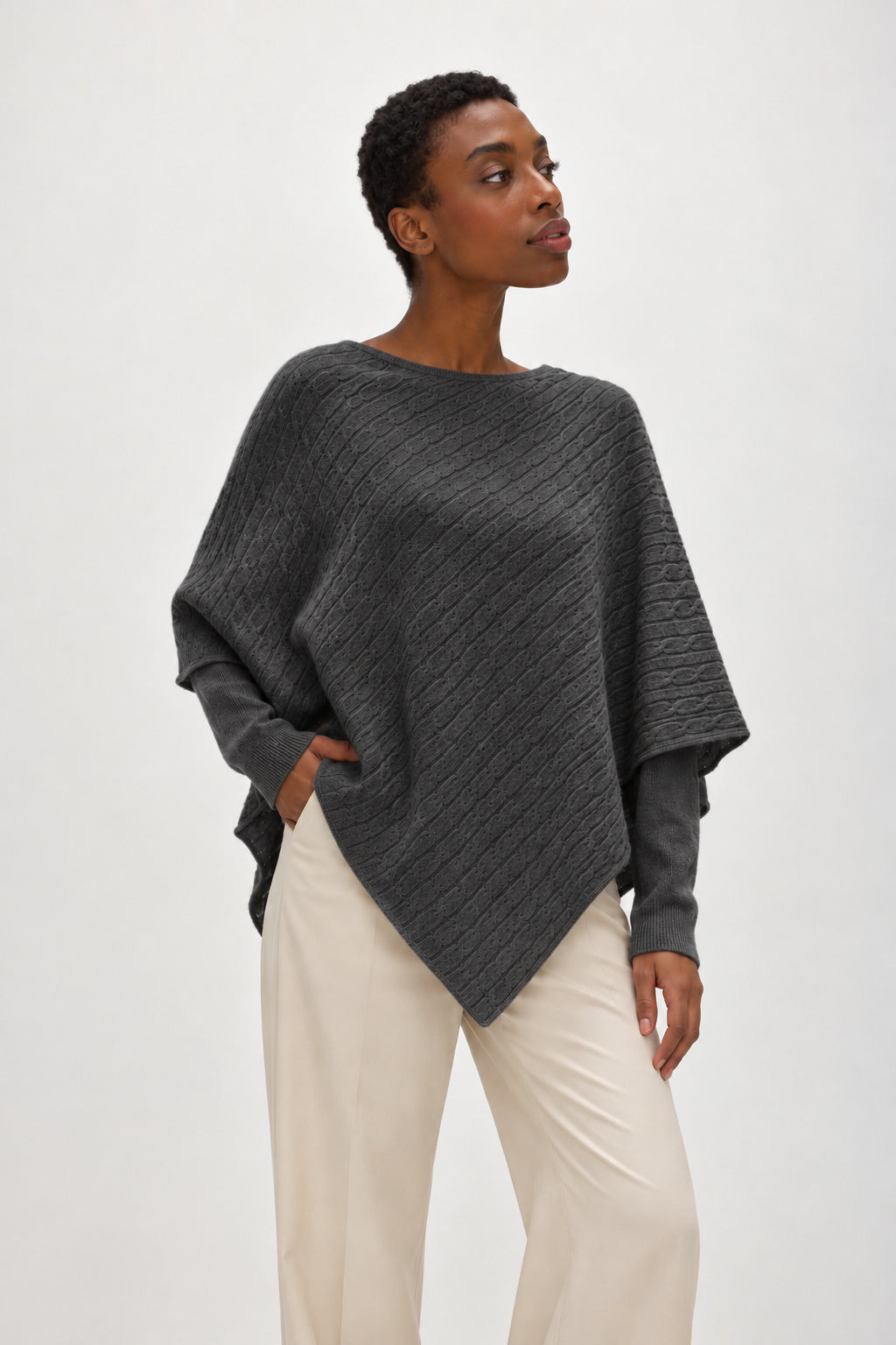 Davida Triangle Cable Poncho Poncho Dark Grey