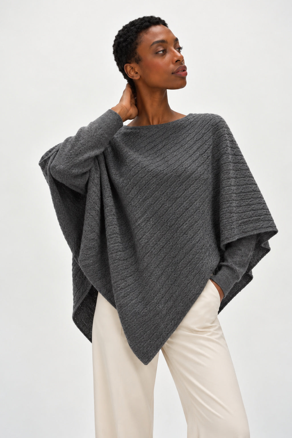 Davida Triangle Cable Poncho Poncho Dark Grey