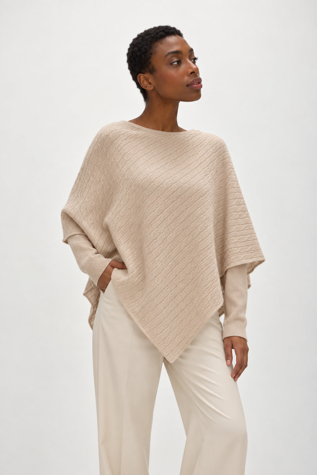 Davida Triangle Cable Poncho Poncho Sand
