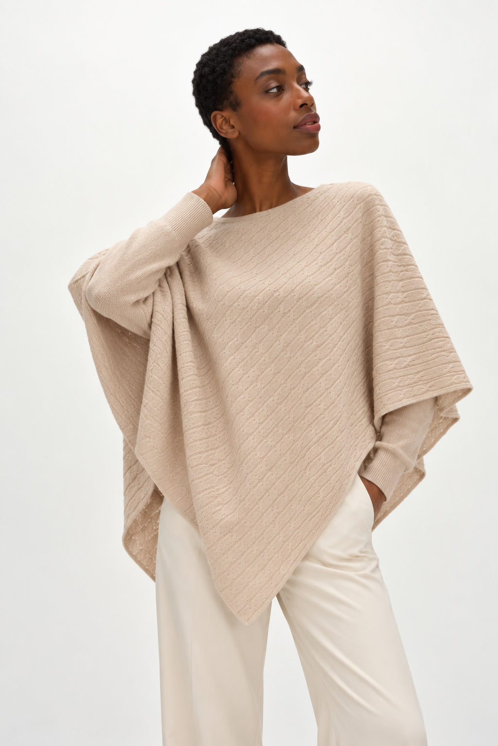 Davida Triangle Cable Poncho Poncho Sand