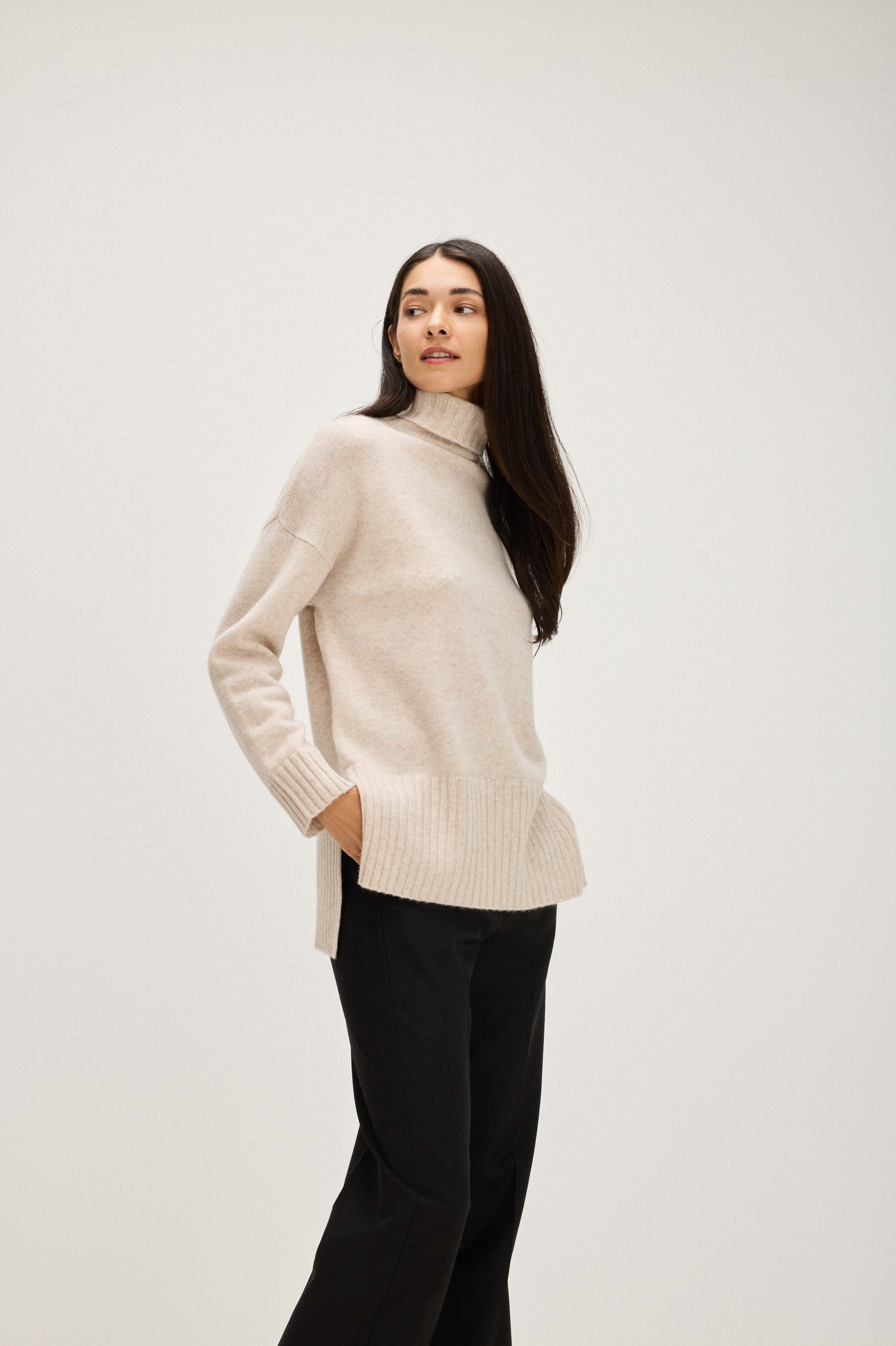 Davida Turtleneck Oversized Slits Sweaters Light Beige