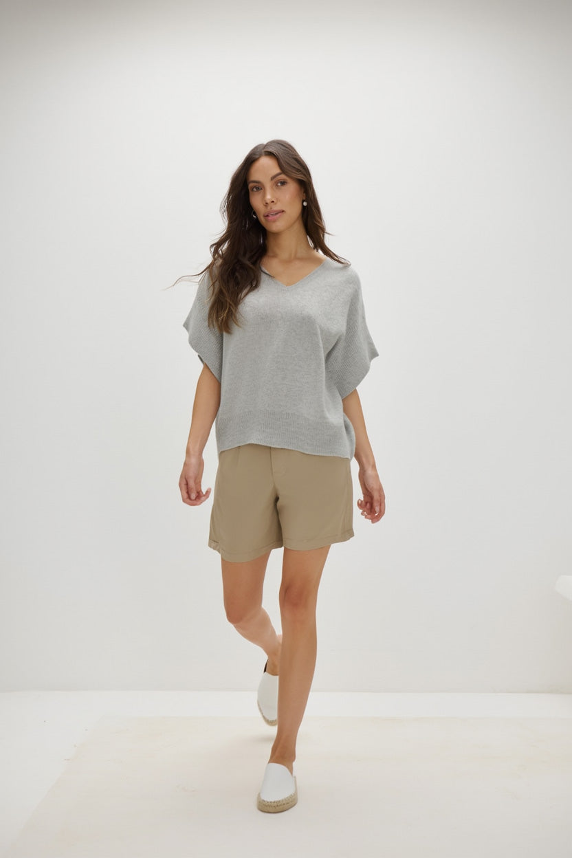 Davida V-Neck Oversized Short Sleeve Sweater Sweaters Light Grey