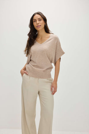 V-Neck Oversized Short Sleeve Sweater - Sand