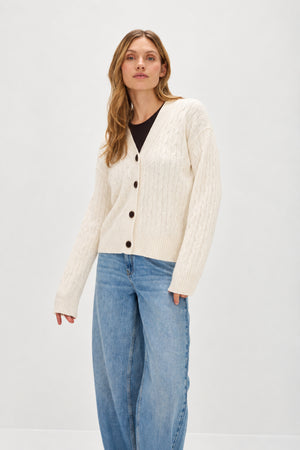 V-Neck Wide Cable Cardigan - White