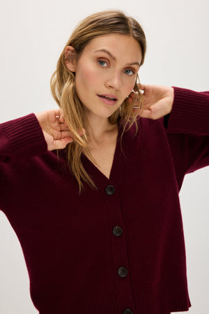 V-neck Wide Cardigan - Mulberry Red